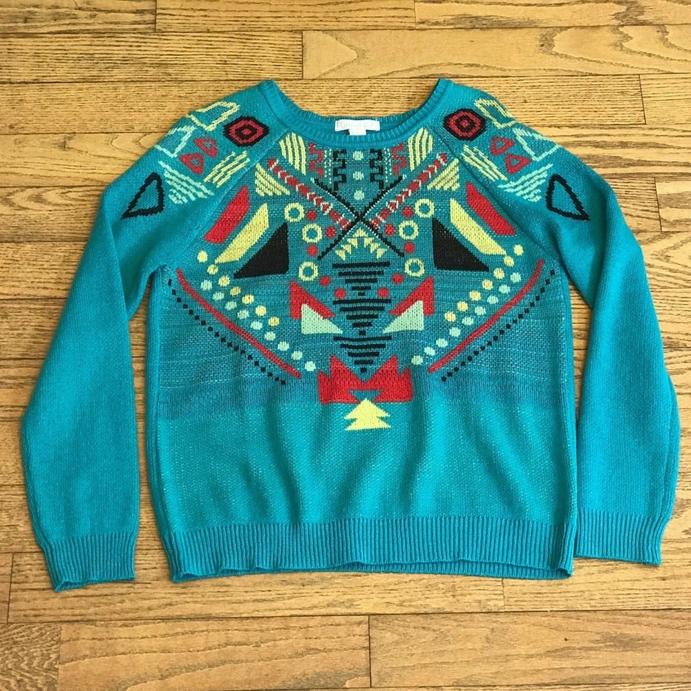 FOREVER 21 Medium Teal Aztec Pattern Knit Sweater